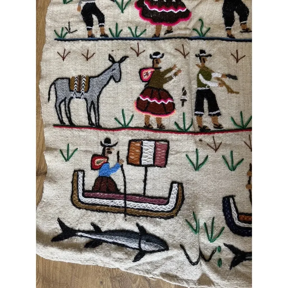 Vintage Peruvian Embroidered Wool Tapestry Wedding Celebration 39x24”